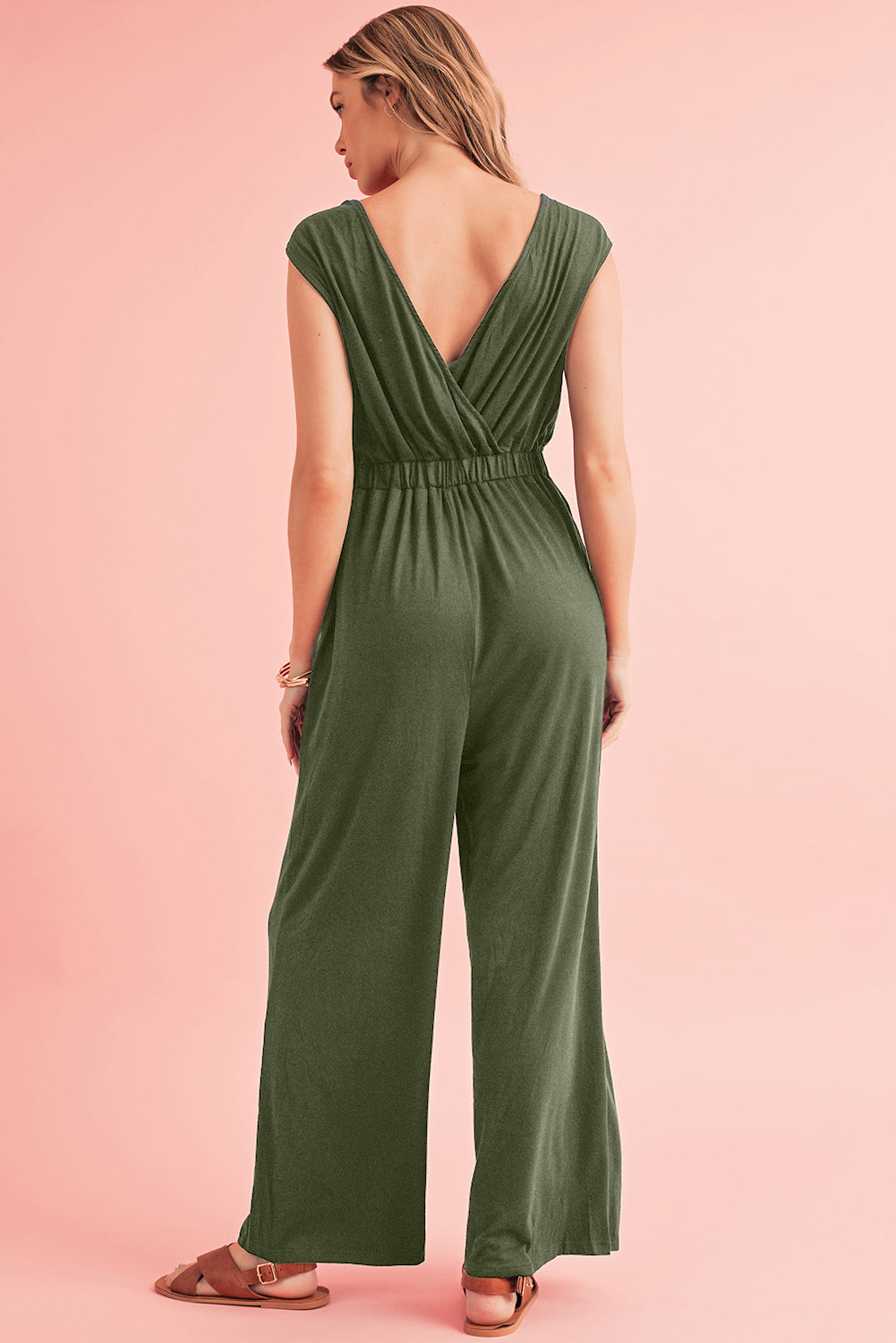 Black Deep V Pocketed Pleated Wide Leg Jumpsuit