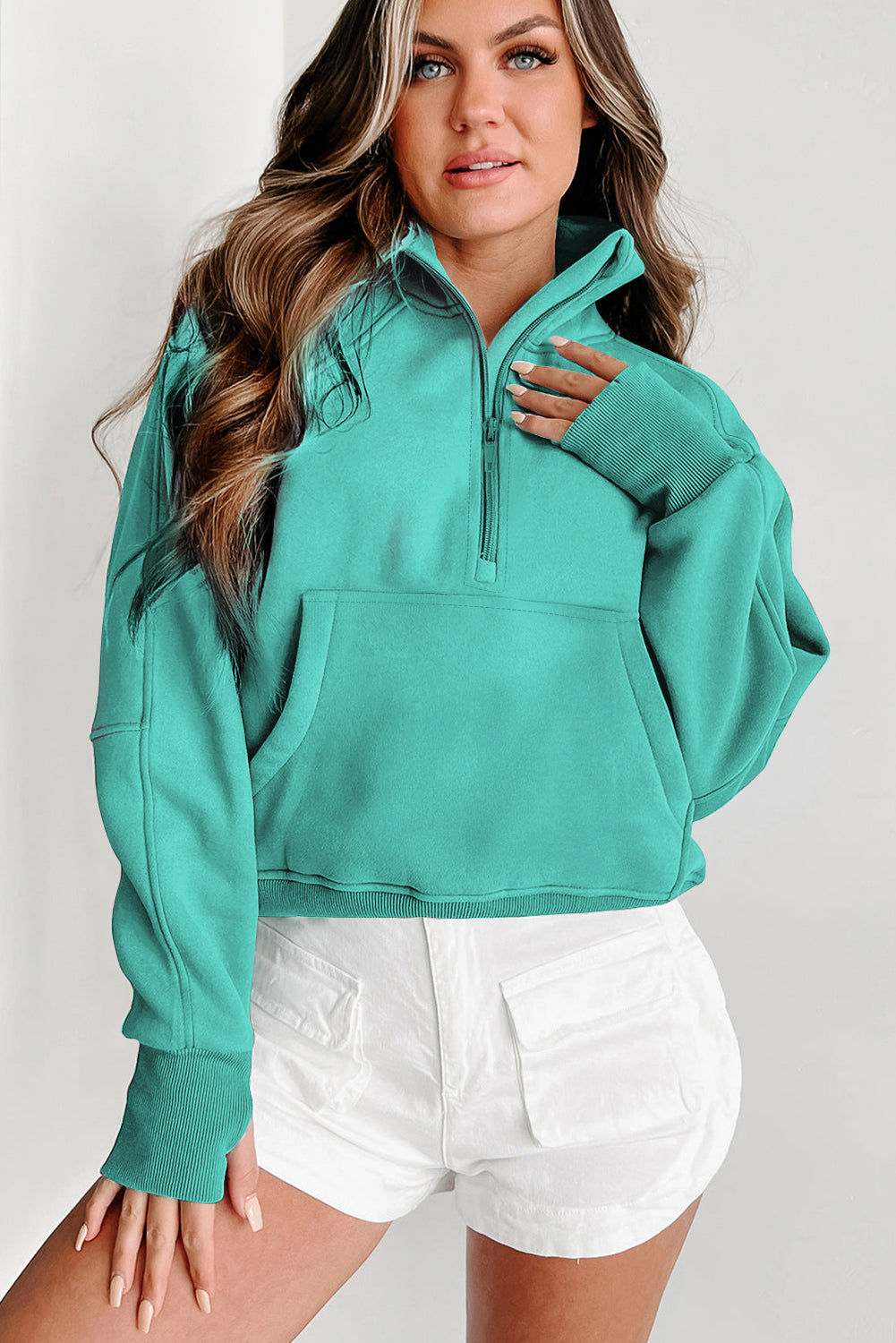 Aruba Blue Quarter Zip Stand Neck Kangaroo Pocket Sweatshirt