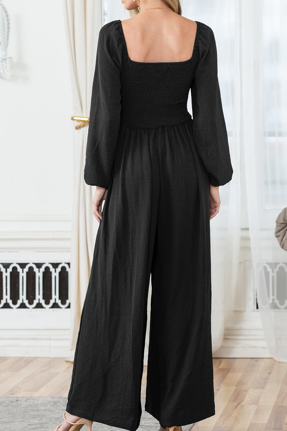 Black Smocked Square Neck Long Sleeve Wide Leg Jumpsuit