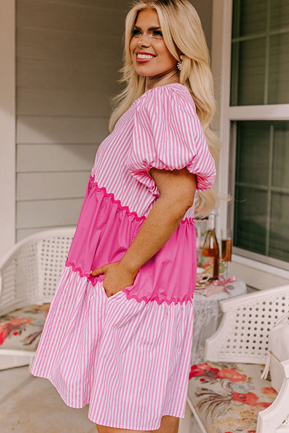 Pink Ric Rac Puff Short Sleeve Striped Flowy Plus Dress