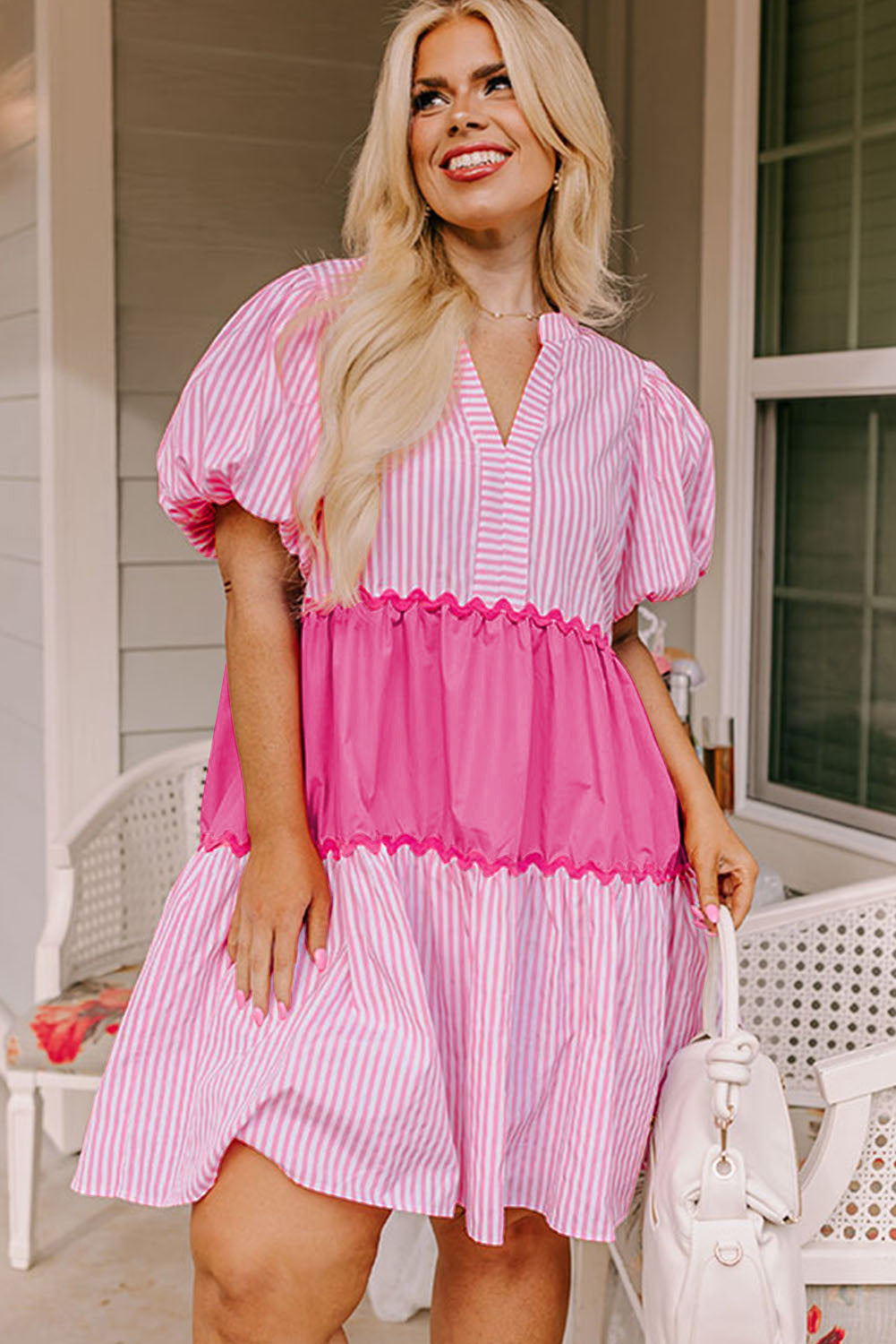 Pink Ric Rac Puff Short Sleeve Striped Flowy Plus Dress