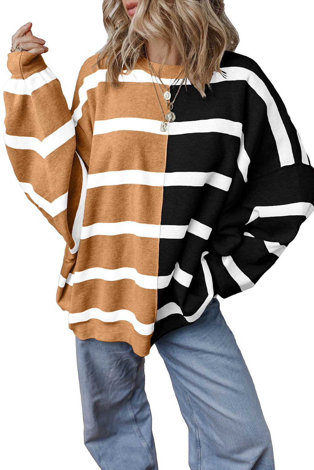 Blue Stripe Exposed Seam Patchwork Loose Sweatshirts