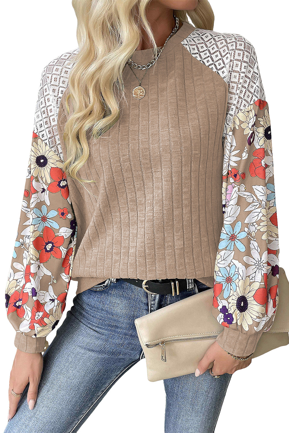 Black Floral Patchwork Raglan Sleeve Ribbed Top