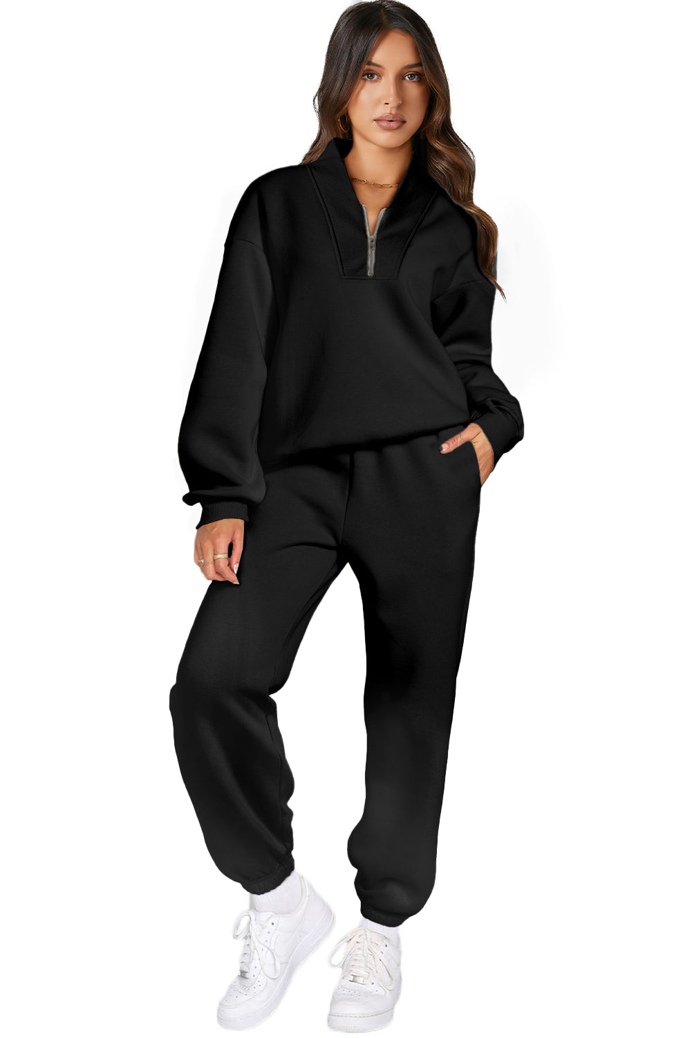 Black Plain Half Zip V Neck Top & Ribbed Edge Loose Pants Sets