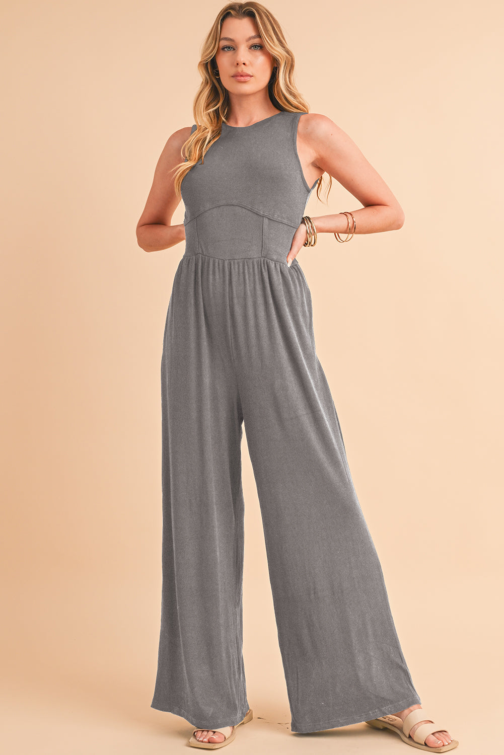 Blackish Green Sleeveless High Waist Wide Leg Jumpsuit