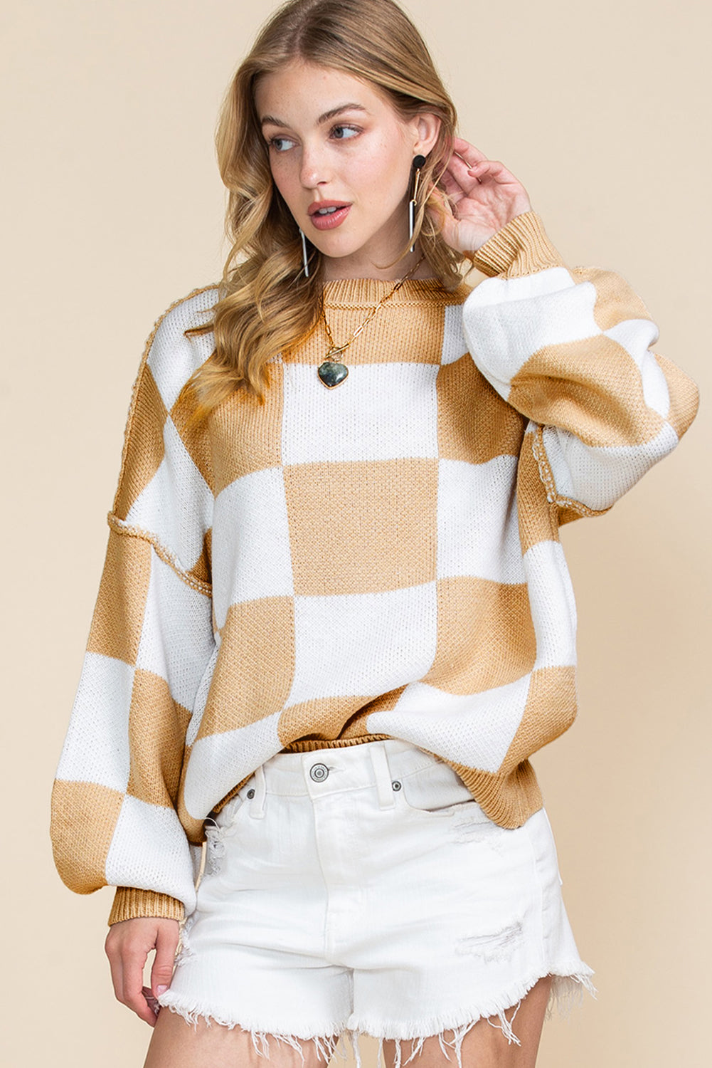 Gray Checkered Bishop Sleeve Pullover Sweater