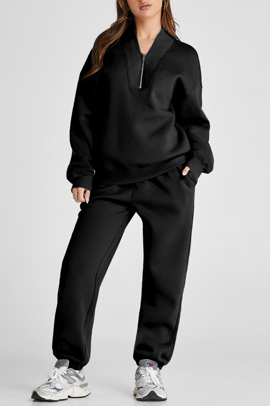 Black Plain Half Zip V Neck Top & Ribbed Edge Loose Pants Sets