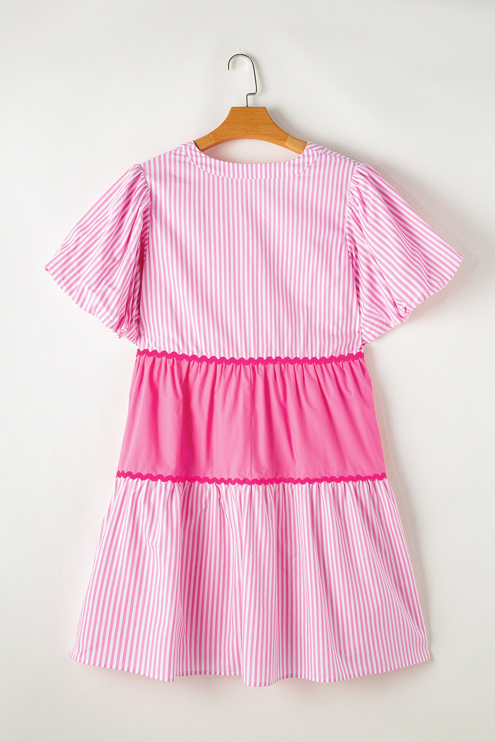 Pink Ric Rac Puff Short Sleeve Striped Flowy Plus Dress