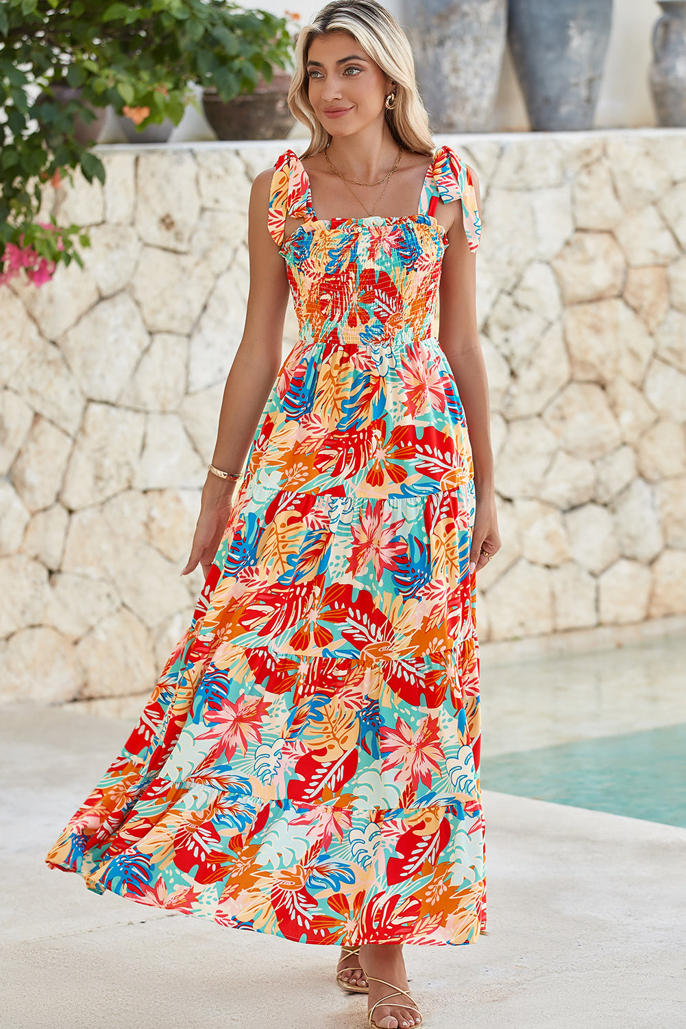 Multicolor Boho Tropical Print Smocked Ruffle Tiered Maxi Dress