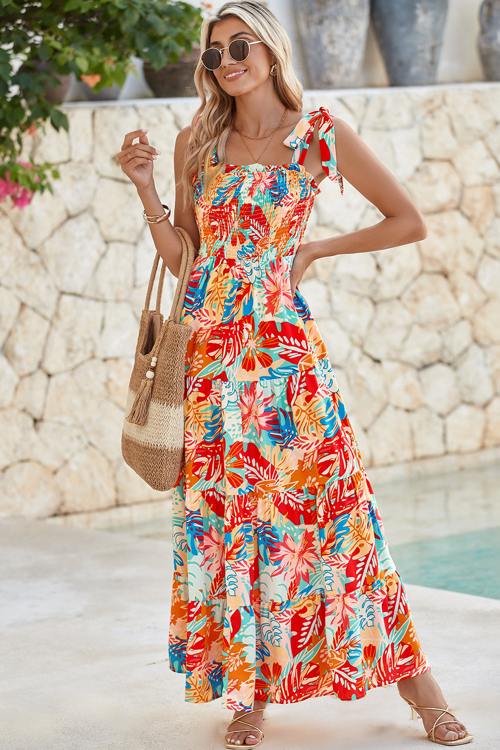 Multicolor Boho Tropical Print Smocked Ruffle Tiered Maxi Dress