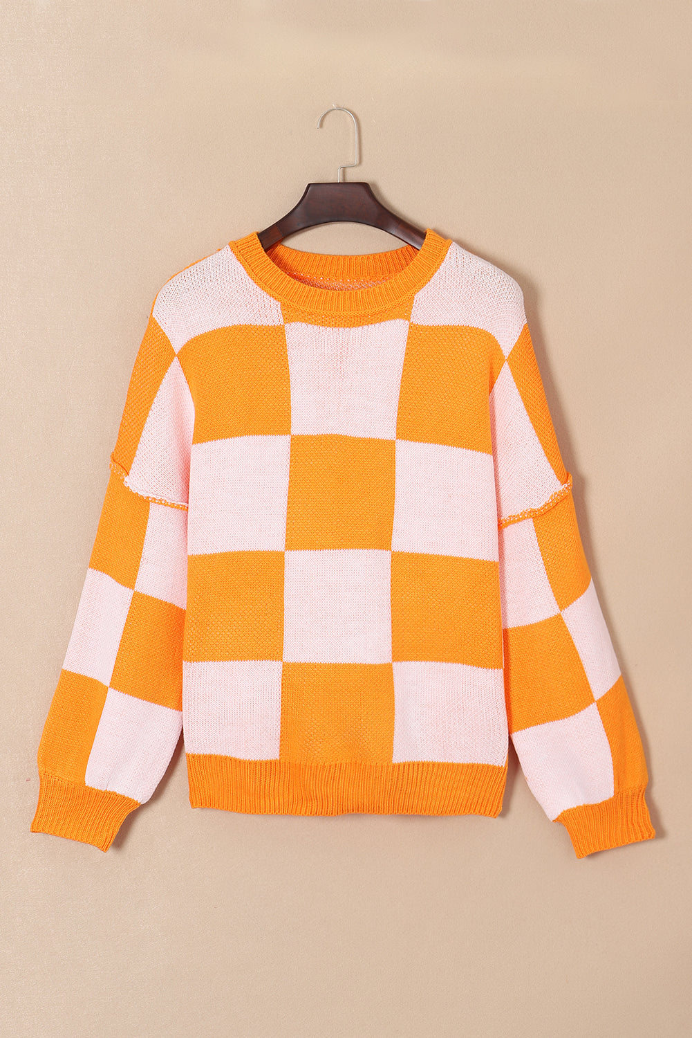 Gray Checkered Bishop Sleeve Pullover Sweater