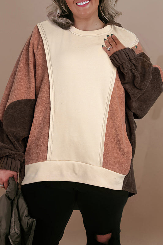 Brown Plus Size Exposed Seam Patchwork Sweatshirt