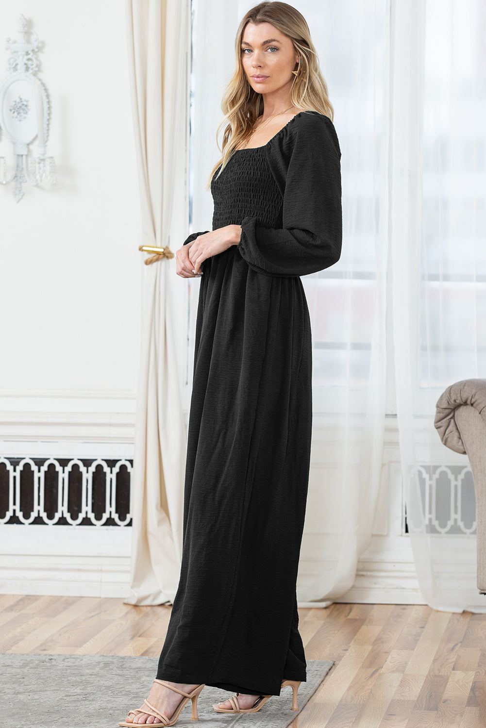 Black Smocked Square Neck Long Sleeve Wide Leg Jumpsuit