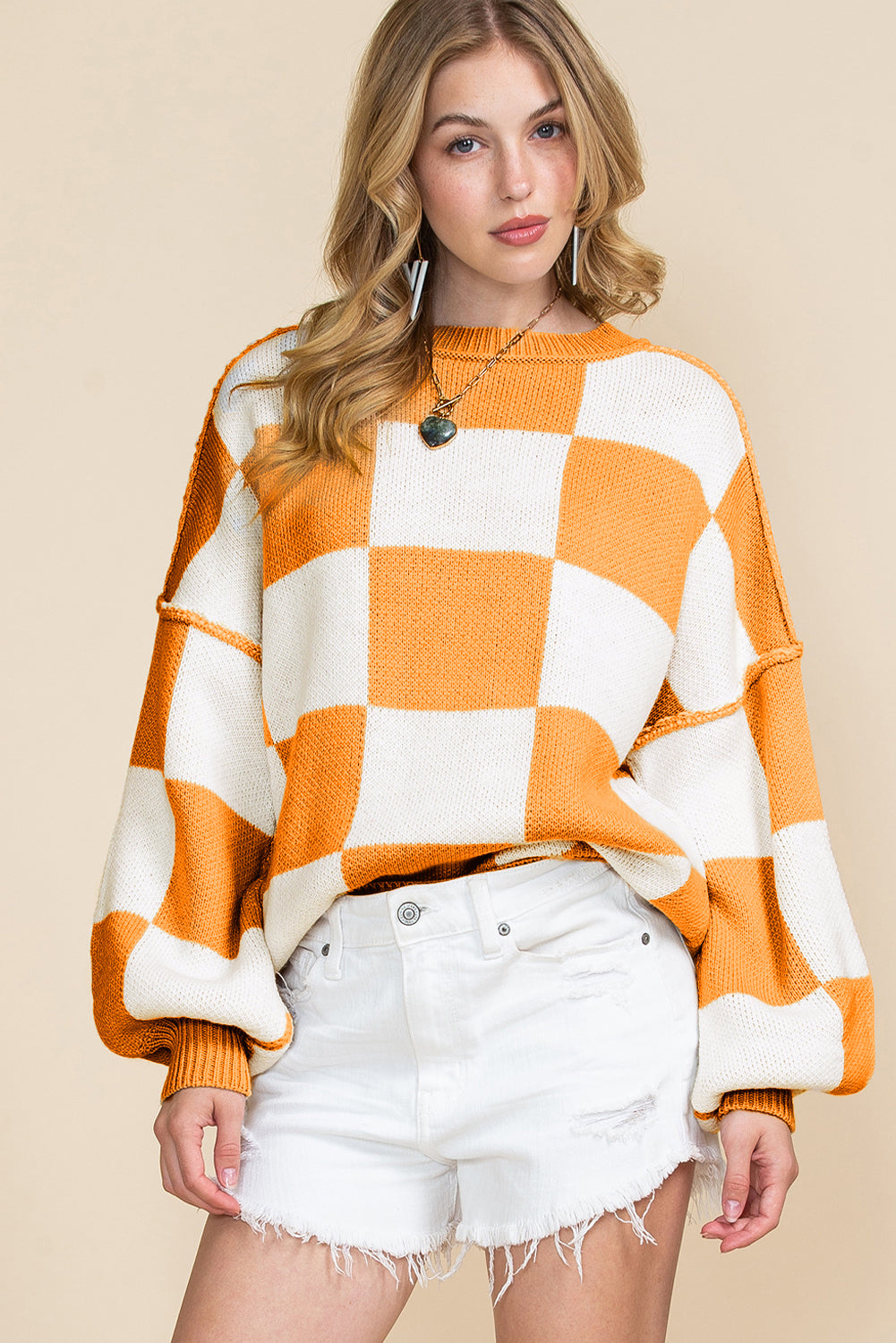 Gray Checkered Bishop Sleeve Pullover Sweater