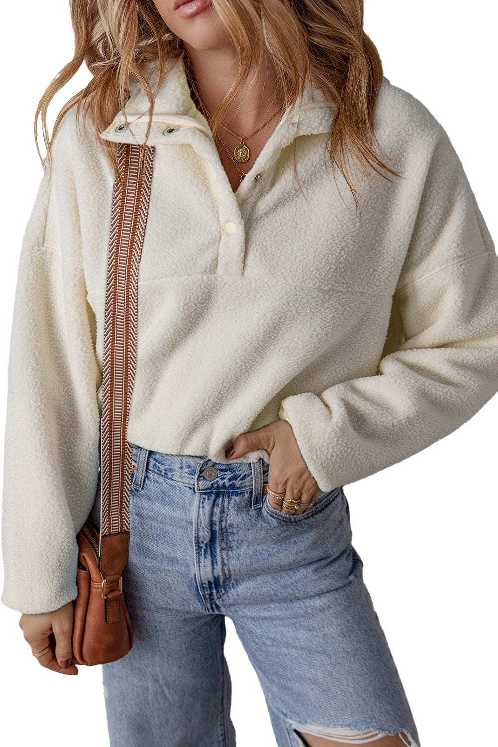 White Fleece Placket Turn-down Collar Drop Shoulder Sweatshirt