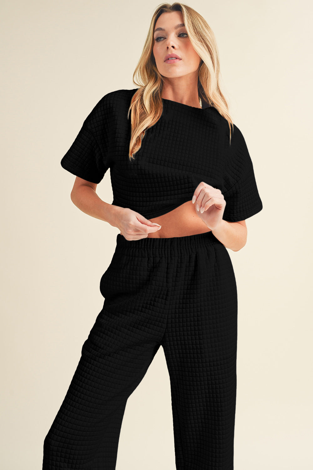 White Lattice Textured Cropped Tee and Jogger Pants Set