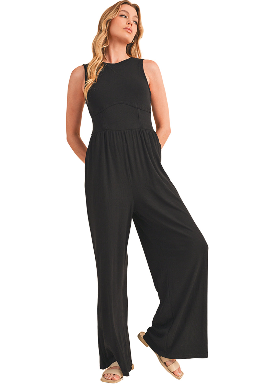 Blackish Green Sleeveless High Waist Wide Leg Jumpsuit