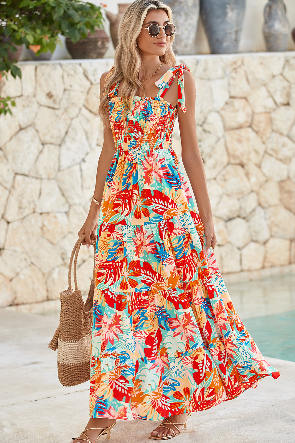 Multicolor Boho Tropical Print Smocked Ruffle Tiered Maxi Dress