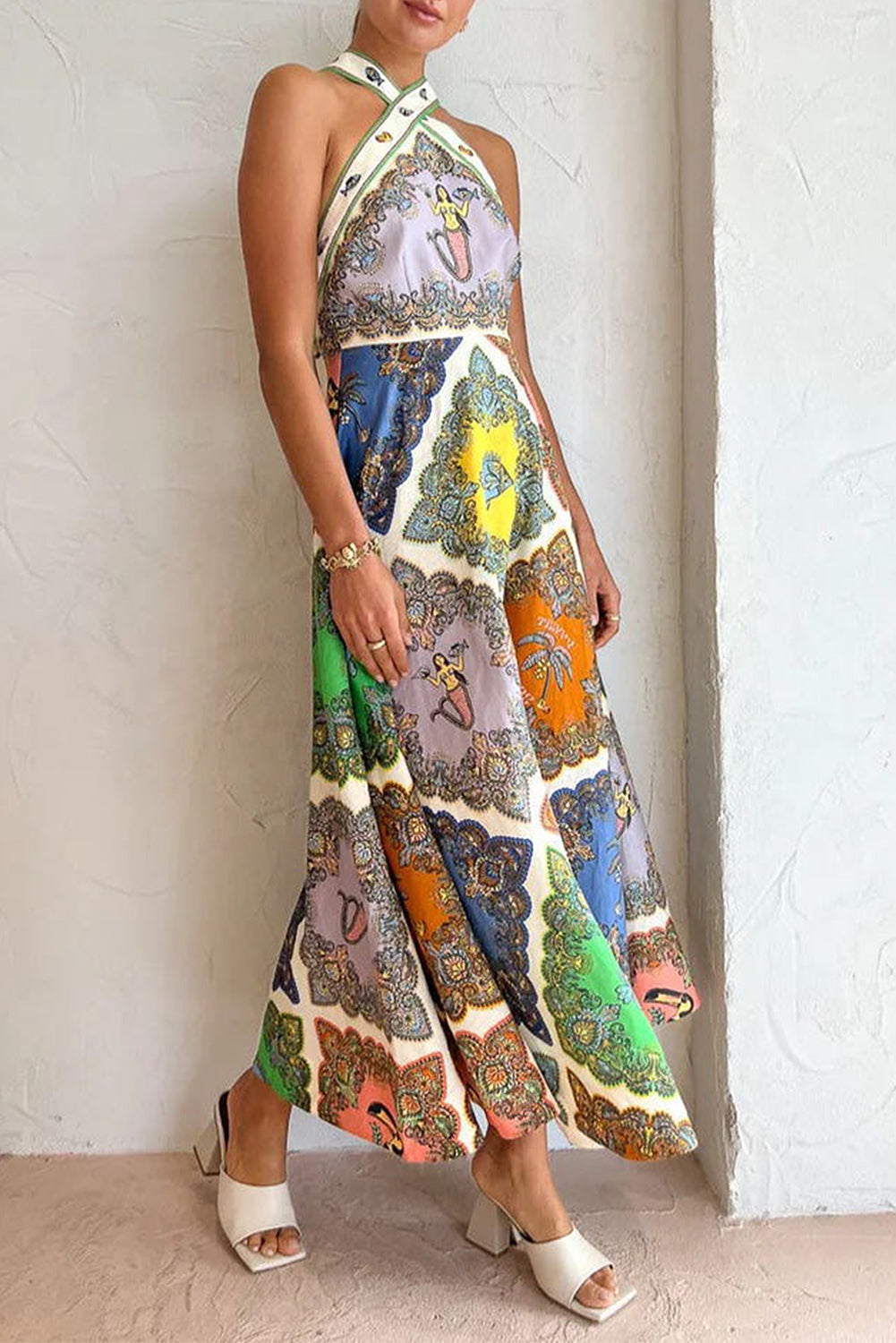 Multicolour Fresh And Sweet Boho Halter Dress