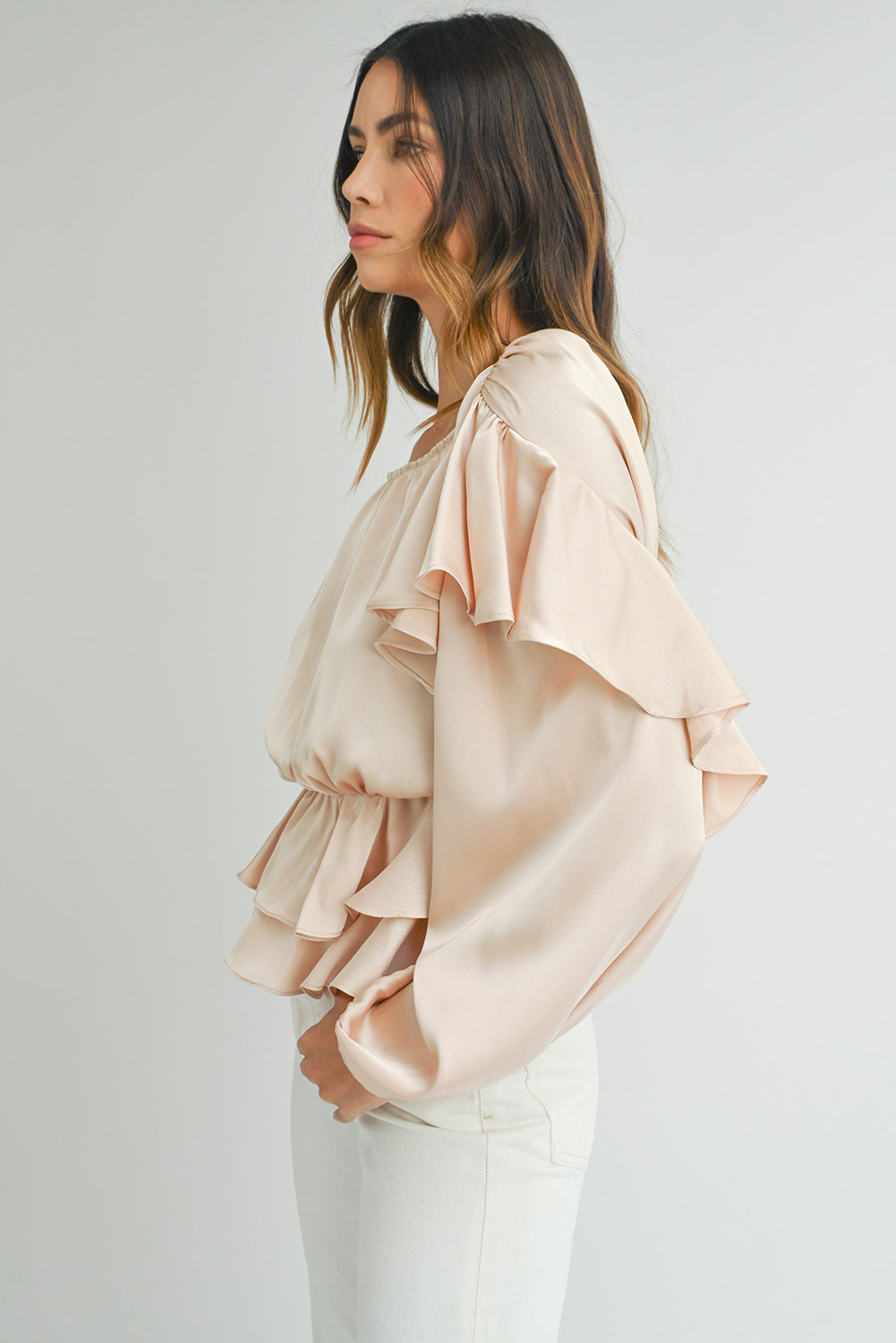 Oatmeal Elegant Satin Ruffle Long Sleeve Blouse