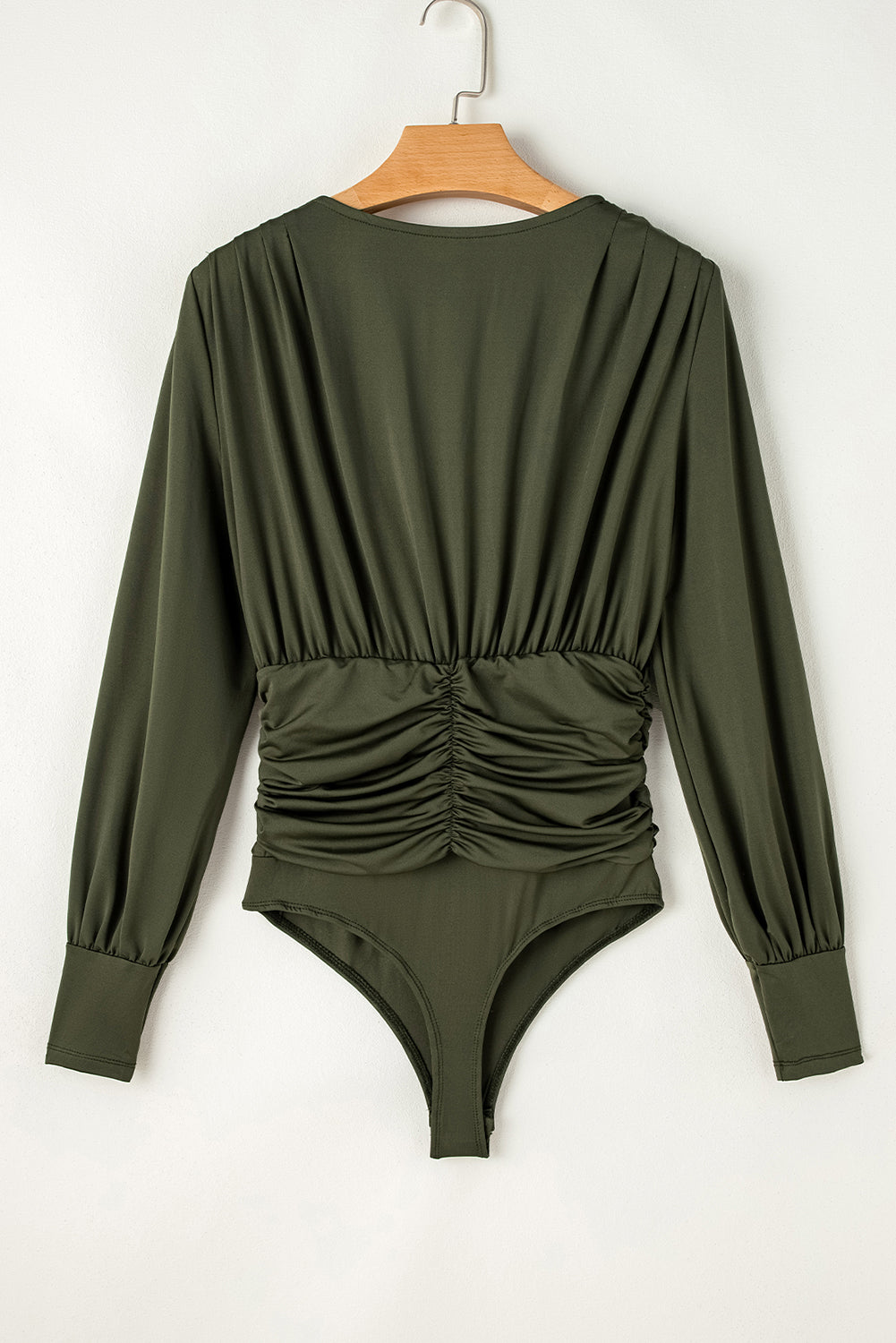 Moss Green Wrap V Neck Ruched Long Sleeve Bodysuit