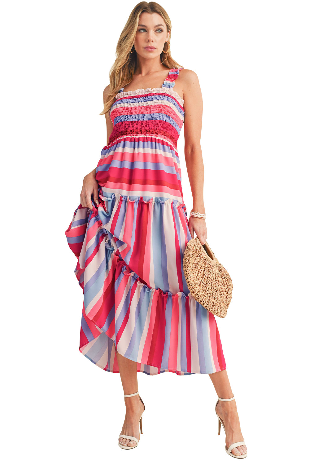 Red Stripe Ruffled Straps Smocked Tiered Midi Dress