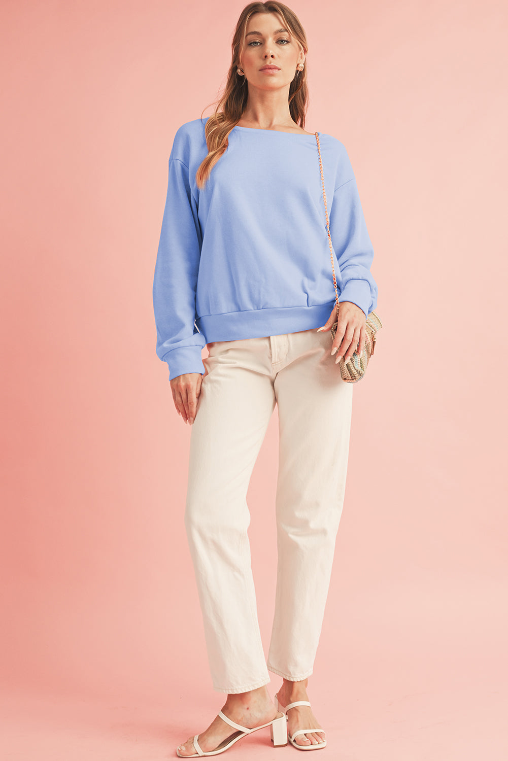 Sky Blue Bowknot Plain Round Neck Sweatshirt