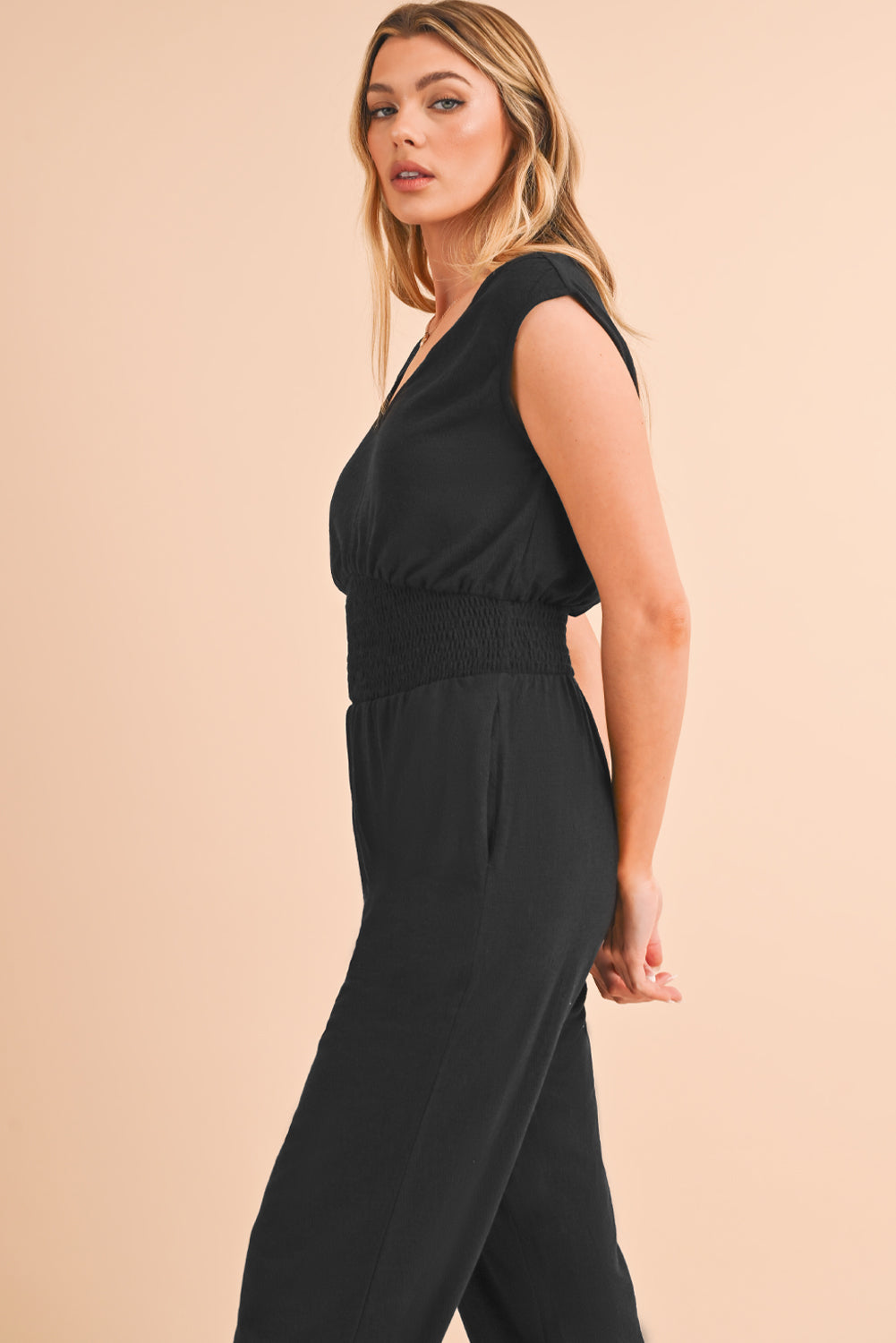 Black Shirred High Waist V Neck Sleeveless Jumpsuit