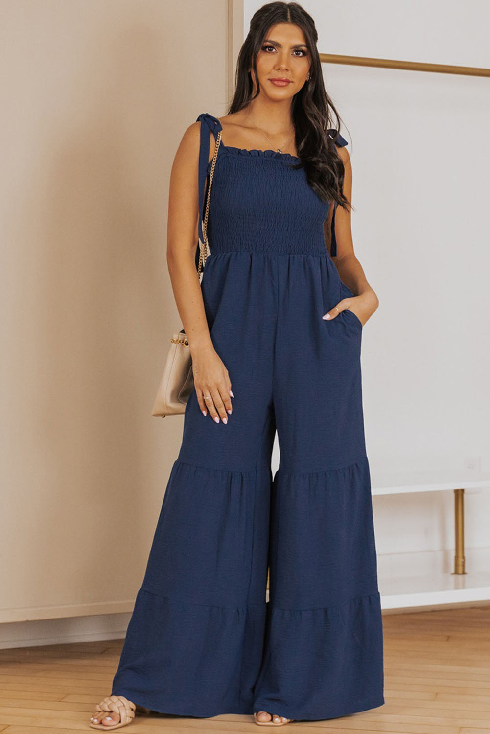 Dark Blue Tie Straps Shirred Casual Tiered Wide Leg Jumpsuit