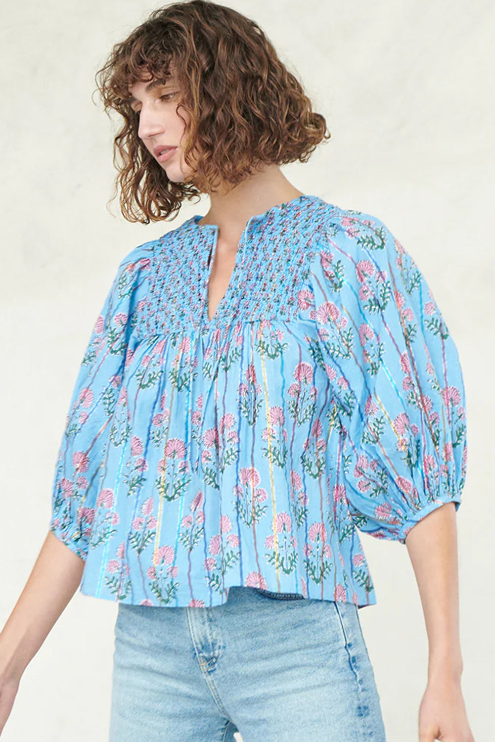 Sky Blue Floral Striped Smocked V Neck Blouse