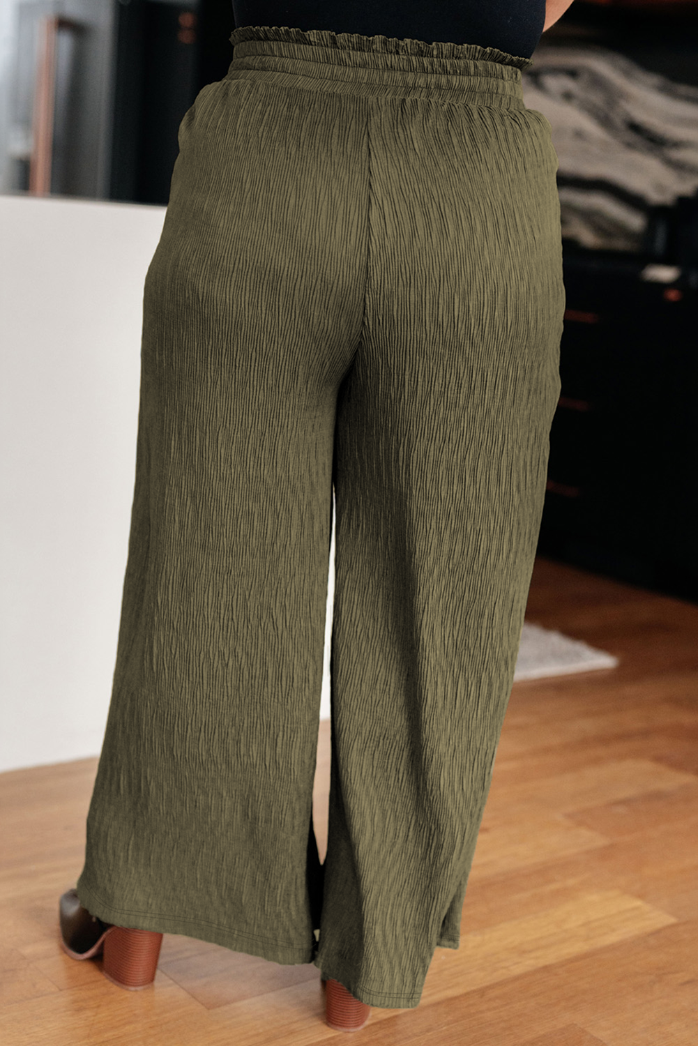 Jungle Green Plus Size Textured Shirred High Waist Pants