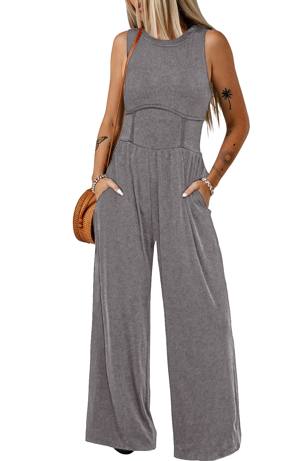 Blackish Green Sleeveless High Waist Wide Leg Jumpsuit