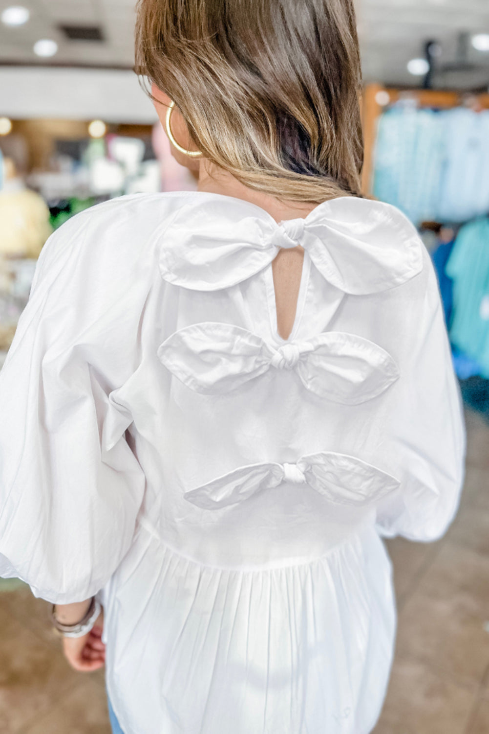 White Bow Knot Cutout Back Loose Fit 3/4 Sleeve Blouse