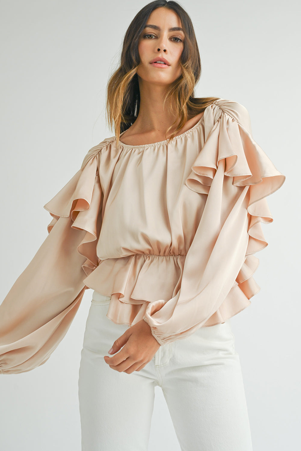 Oatmeal Elegant Satin Ruffle Long Sleeve Blouse