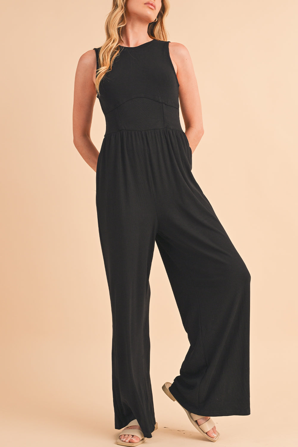 Blackish Green Sleeveless High Waist Wide Leg Jumpsuit