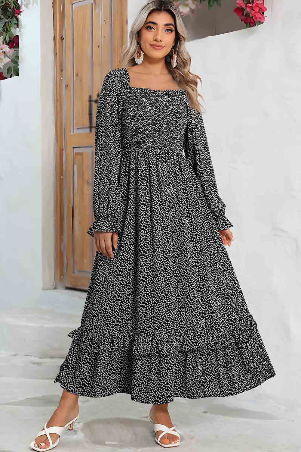 Black Dotty Printed Long Sleeve Square Neck Midi Dress