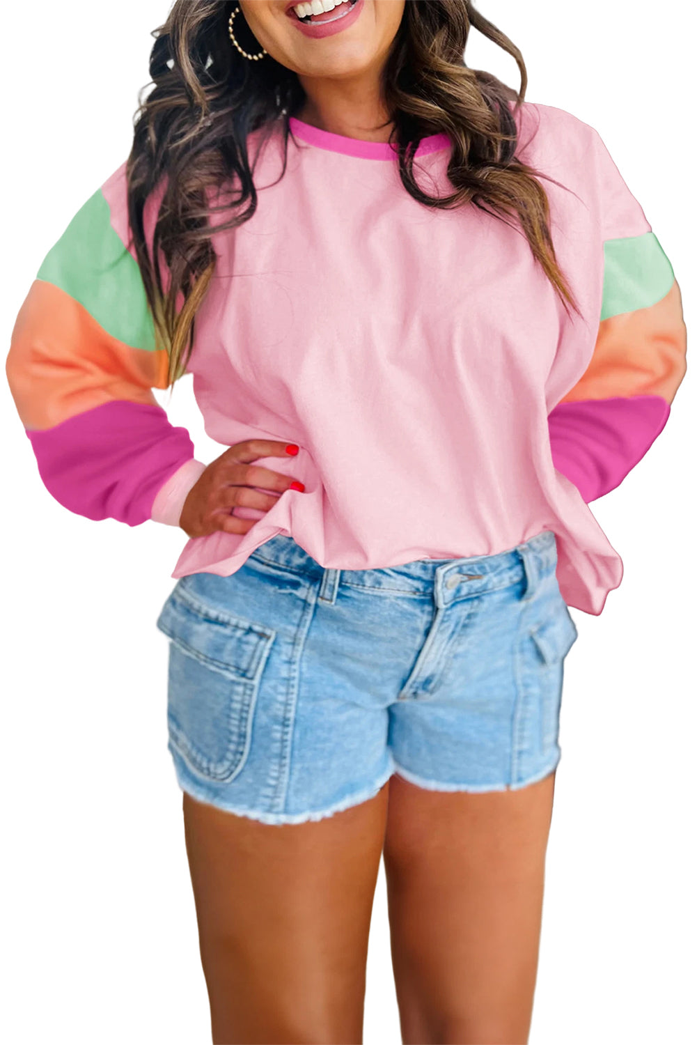 Pink Colorblock Long Sleeve Plus Size Top