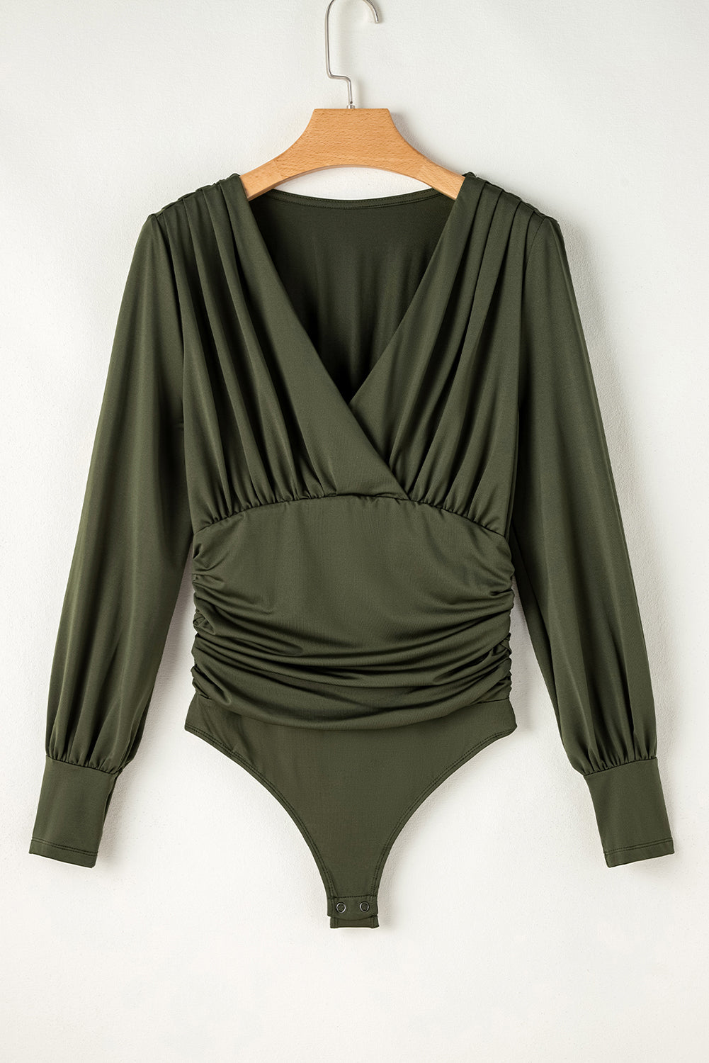 Moss Green Wrap V Neck Ruched Long Sleeve Bodysuit