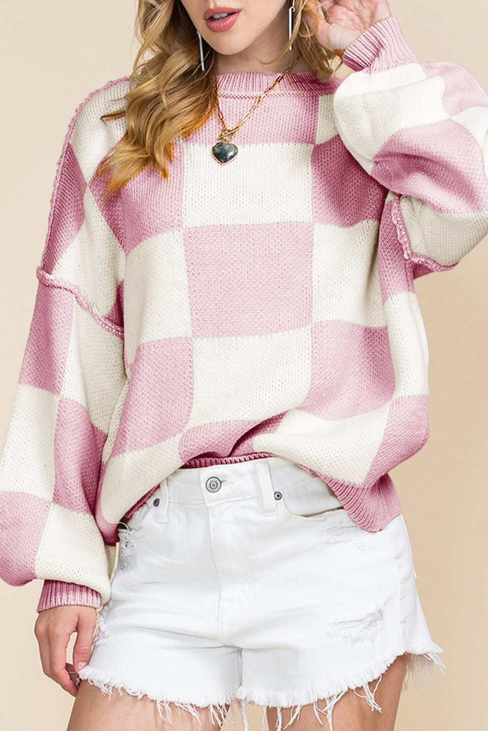 Gray Checkered Bishop Sleeve Pullover Sweater