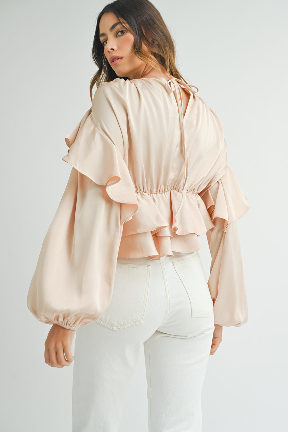 Oatmeal Elegant Satin Ruffle Long Sleeve Blouse