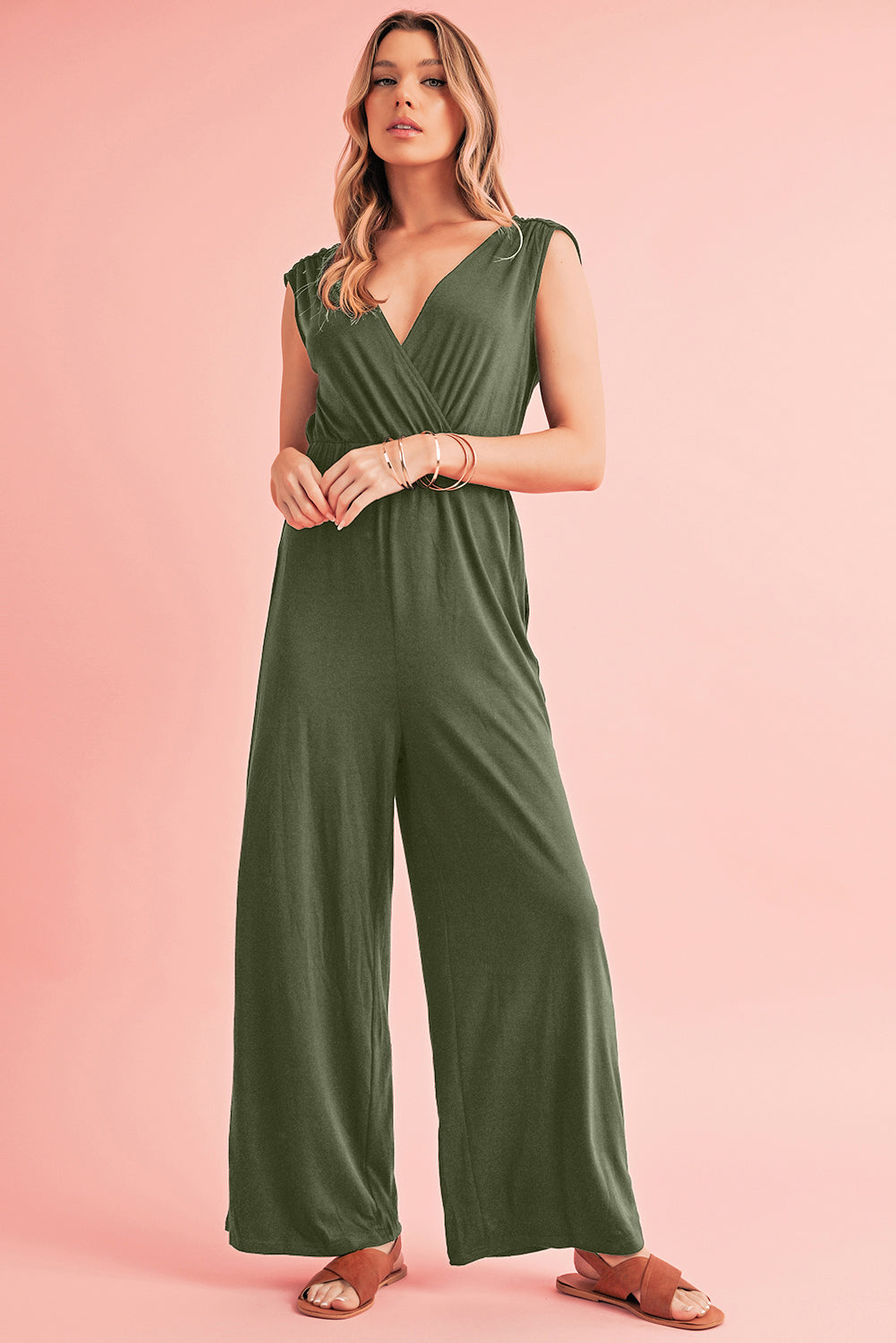 Black Deep V Pocketed Pleated Wide Leg Jumpsuit