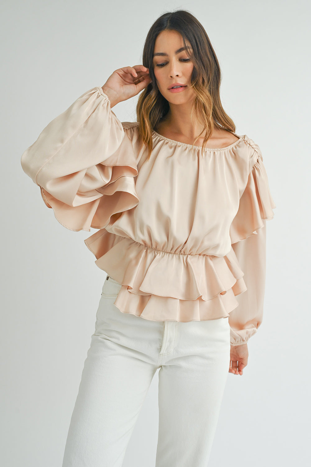 Oatmeal Elegant Satin Ruffle Long Sleeve Blouse