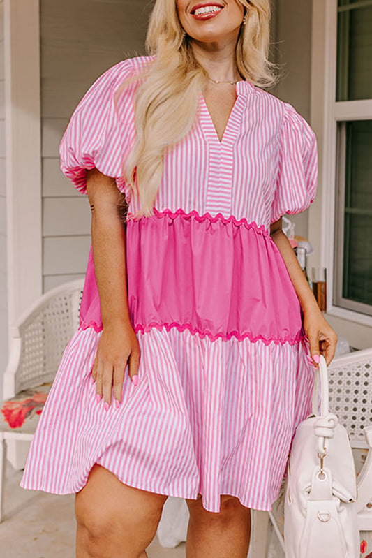 Pink Ric Rac Puff Short Sleeve Striped Flowy Plus Dress