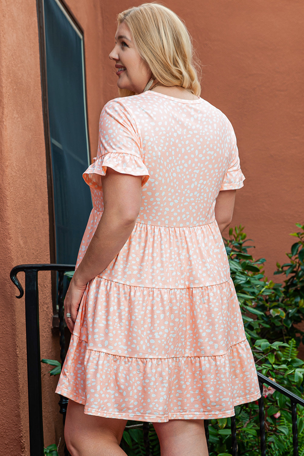 Pink Leopard Print High Waist Ruffle Sleeve Plus Size Dress