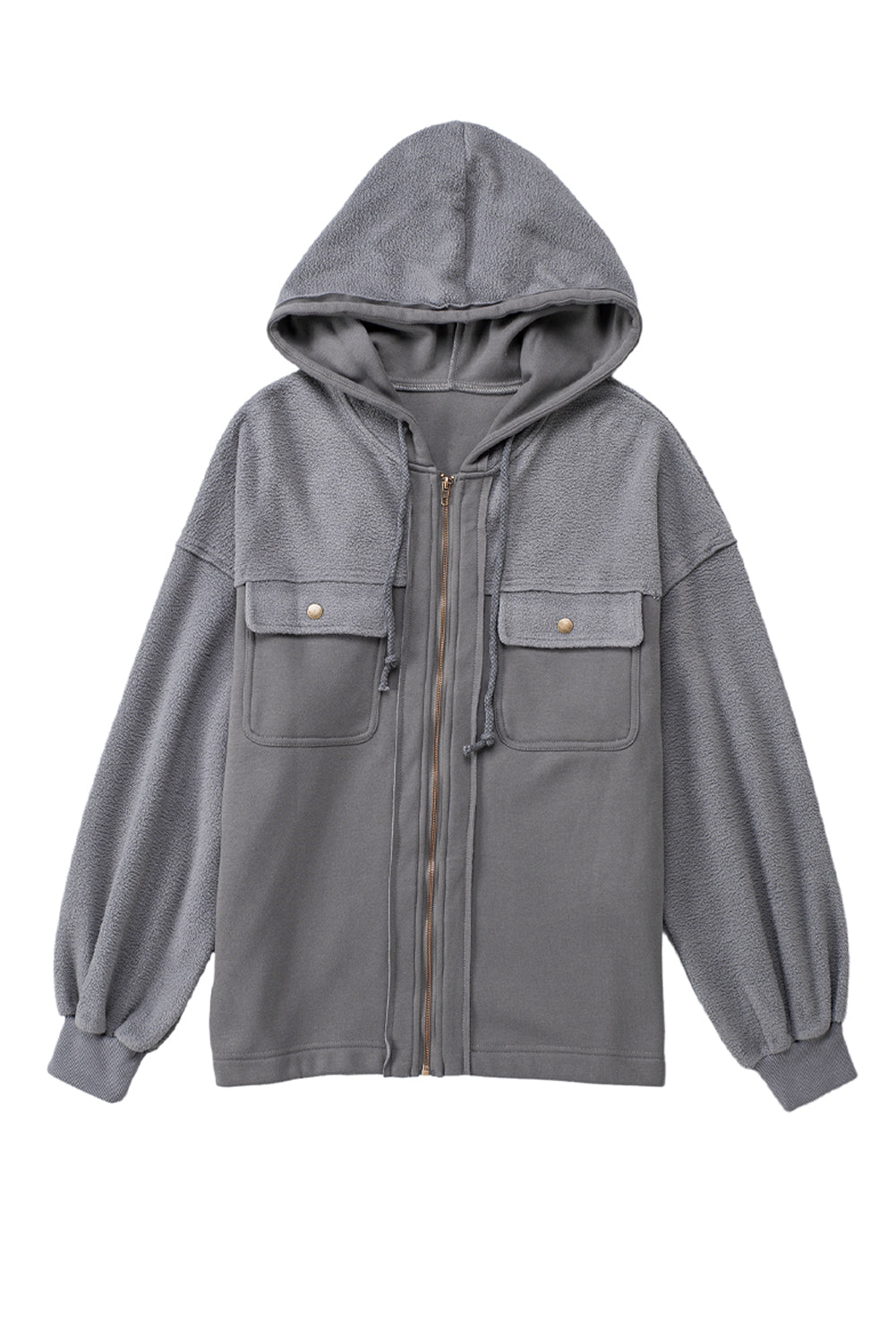 Grey Bishop Sleeve Zip Up Hoodie Jacket with Flap Pockets