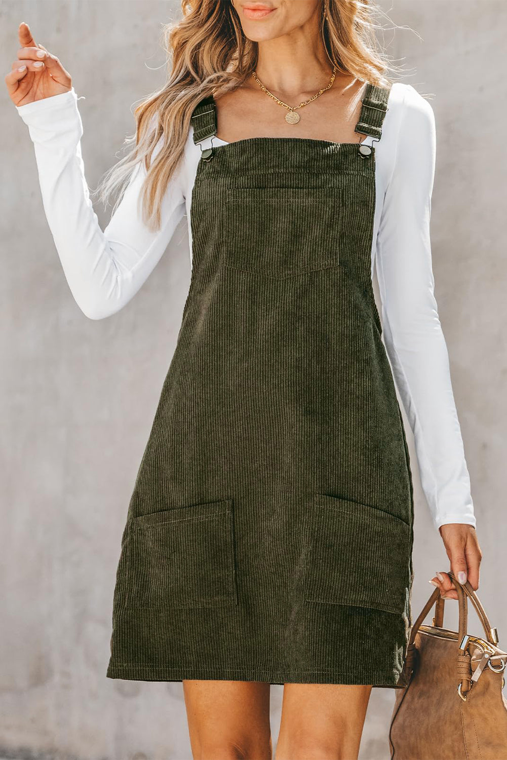 Cinnamon Corduroy Front Pockets Overall Dress