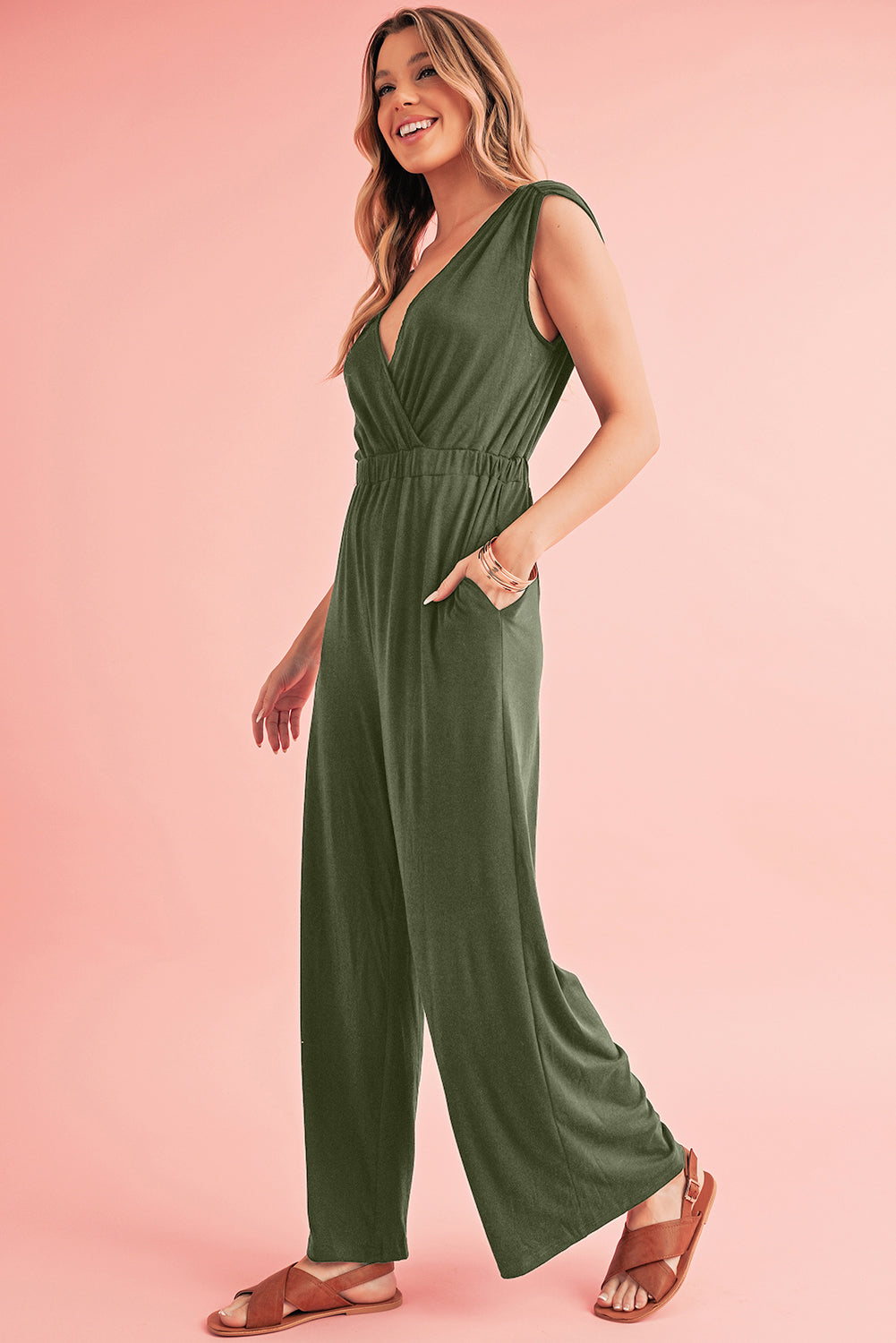 Black Deep V Pocketed Pleated Wide Leg Jumpsuit