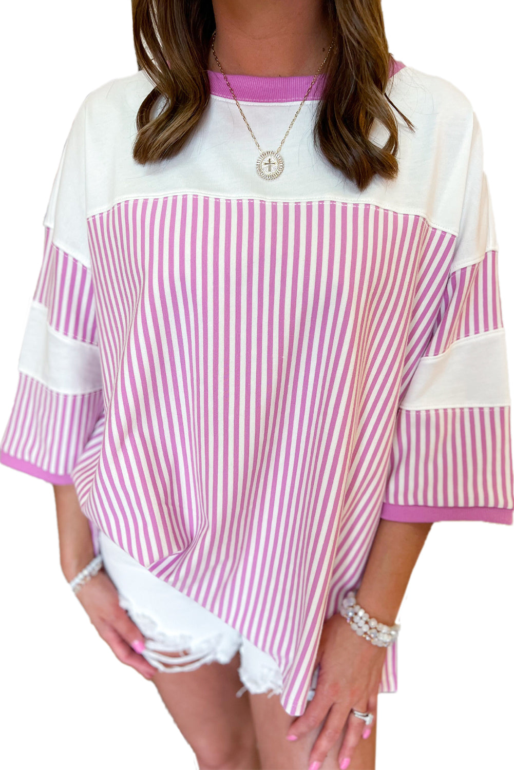 White Stripe Patchwork Bracelet Sleeve Plus Size T Shirt