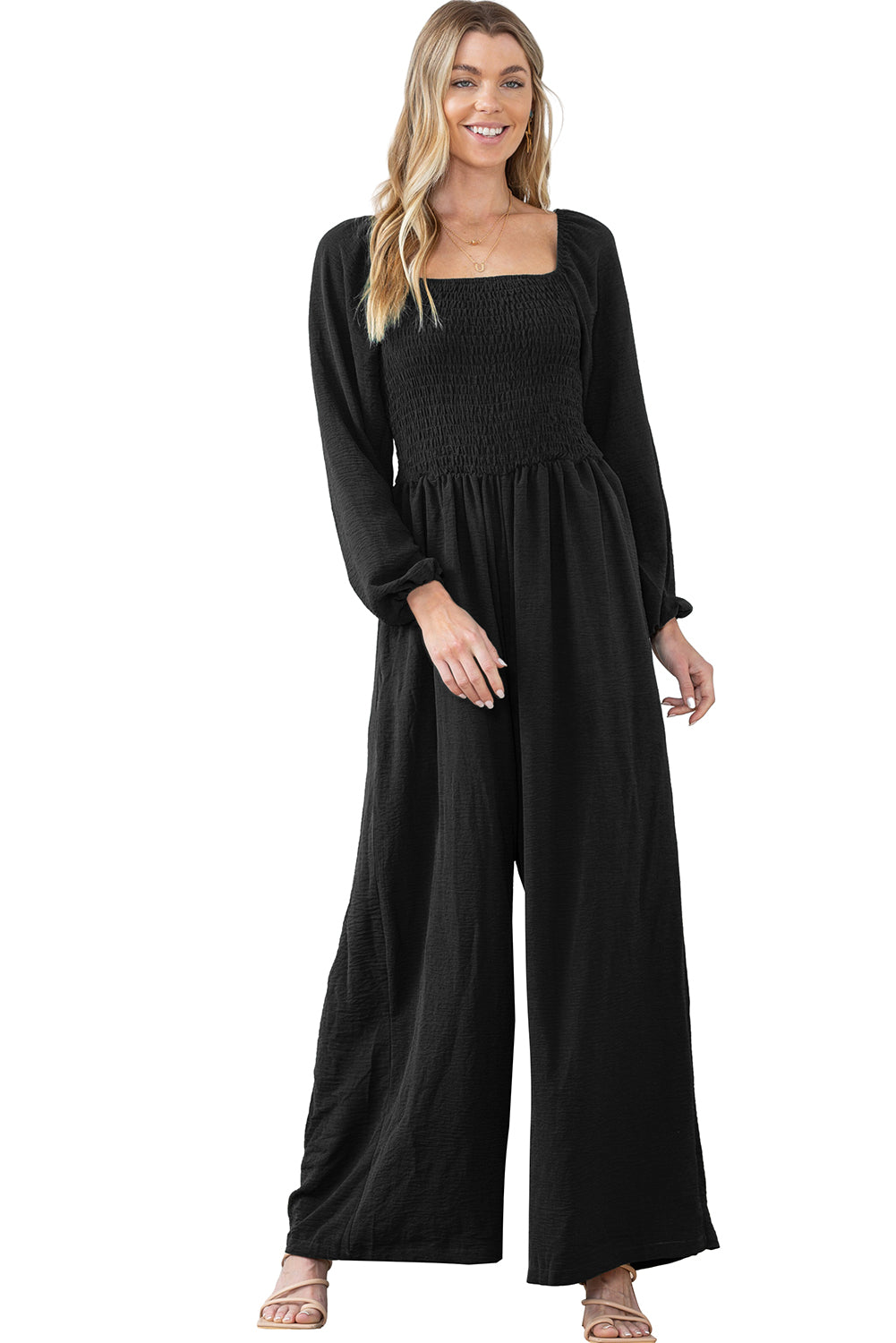 Black Smocked Square Neck Long Sleeve Wide Leg Jumpsuit