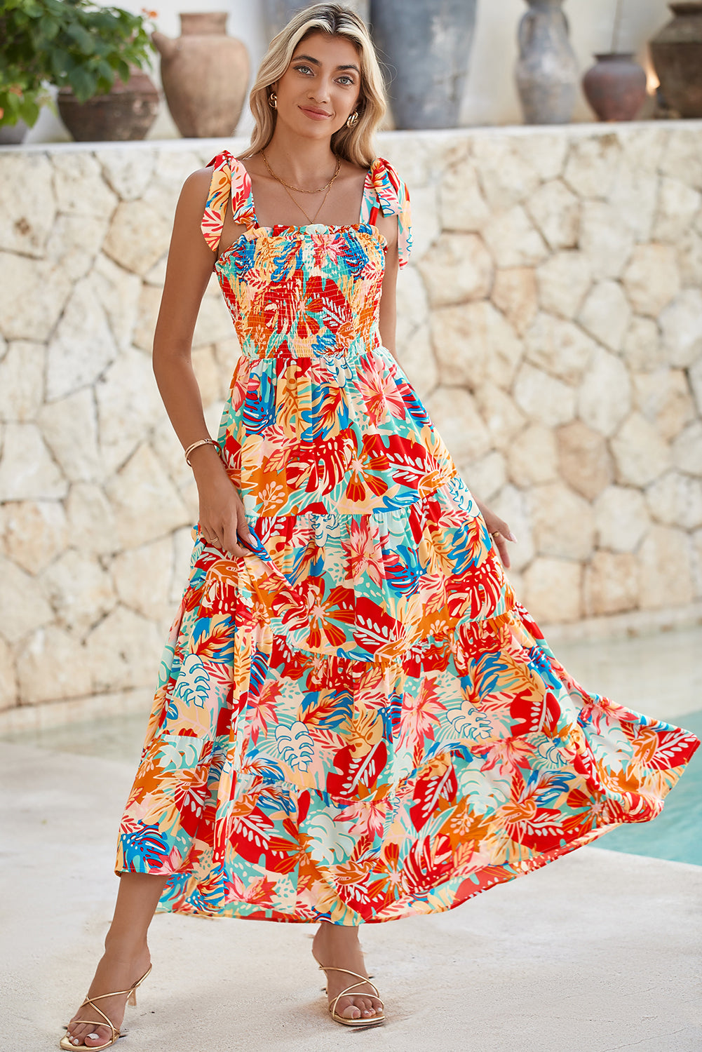 Multicolor Boho Tropical Print Smocked Ruffle Tiered Maxi Dress